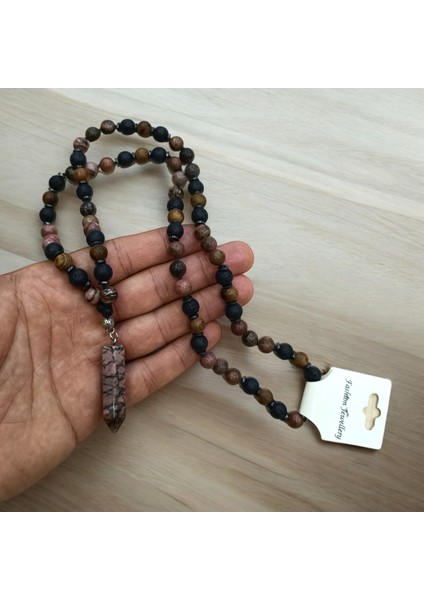 Büyük Boy Doğal Taş Kolye Rodonit Taşı Lav Taşı Venge Hematit Taşı Kolye 65 cm modelleri