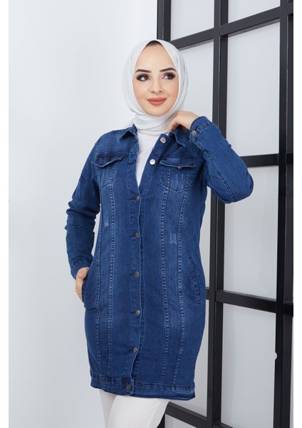 Kadın Koyu Mavi Denim Kot Ceket