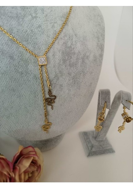 Yılan Tasarımlı Zirkon Taşlı Gold Renk Paslanmaz Çelik Kadın Küpe ve Kolye Seti