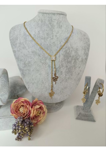 Yılan Tasarımlı Zirkon Taşlı Gold Renk Paslanmaz Çelik Kadın Küpe ve Kolye Seti