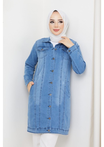 Pamuk Butik Kadın Koyu Mavi Denim Kot Ceket