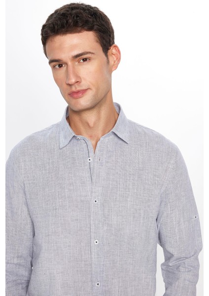 Erkek Slim Fit Dar Kesim Uzun Kollu Pamuk Keten Doku Apoletli Gri Gömlek
