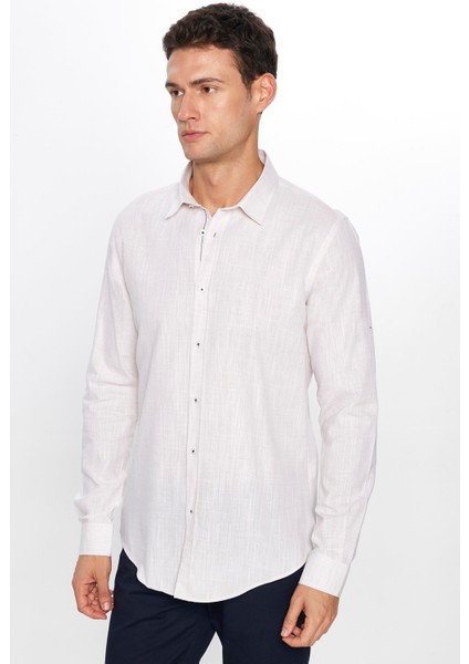 Erkek Slim Fit Dar Kesim Uzun Kollu Pamuk Keten Doku Apoletli Taş Renk Gömlek