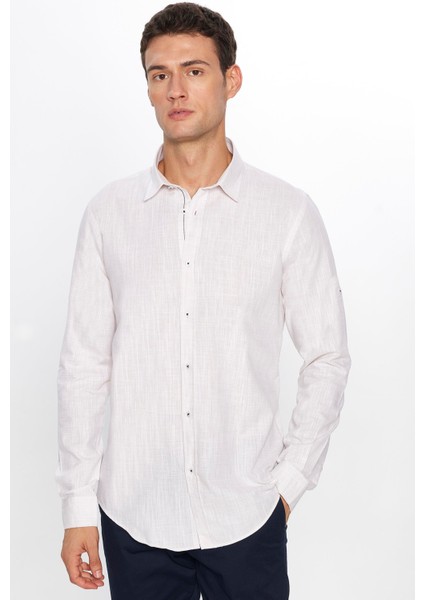 Erkek Slim Fit Dar Kesim Uzun Kollu Pamuk Keten Doku Apoletli Taş Renk Gömlek
