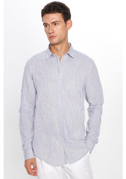 Erkek Slim Fit Dar Kesim Uzun Kollu Pamuk Keten Doku Apoletli Gri Gömlek