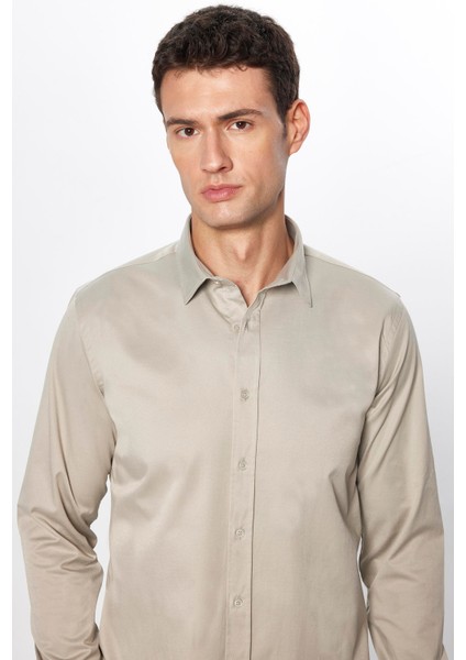 Erkek Slim Fit Dar Kesim Uzun Kollu Pamuklu Saten Taş Renk Gömlek
