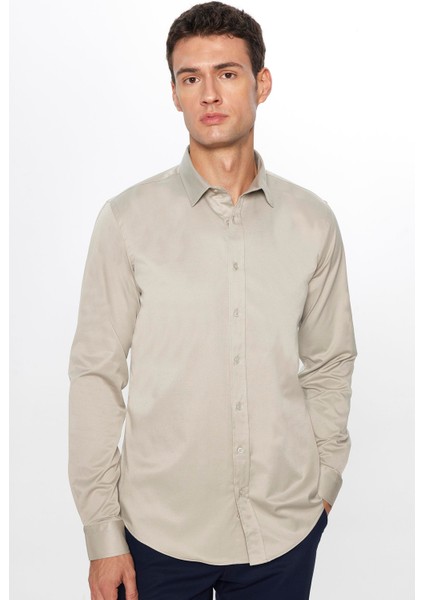 Erkek Slim Fit Dar Kesim Uzun Kollu Pamuklu Saten Taş Renk Gömlek