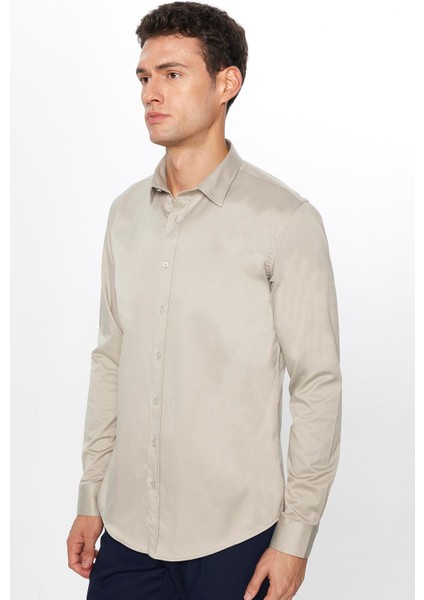 Erkek Slim Fit Dar Kesim Uzun Kollu Pamuklu Saten Taş Renk Gömlek