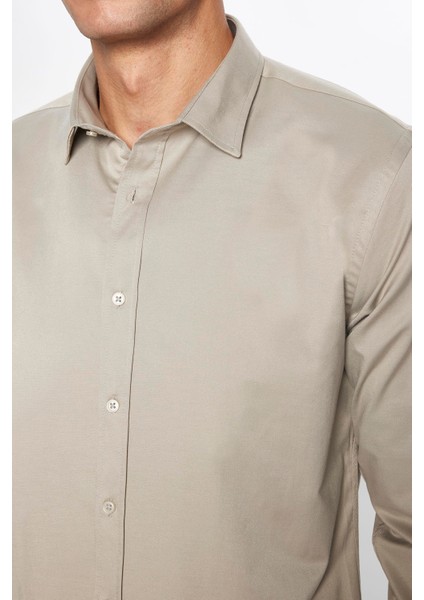 Erkek Slim Fit Dar Kesim Uzun Kollu Pamuklu Saten Taş Renk Gömlek