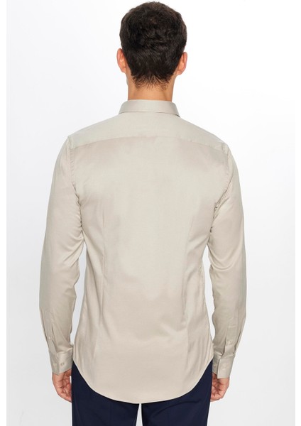 Erkek Slim Fit Dar Kesim Uzun Kollu Pamuklu Saten Taş Renk Gömlek