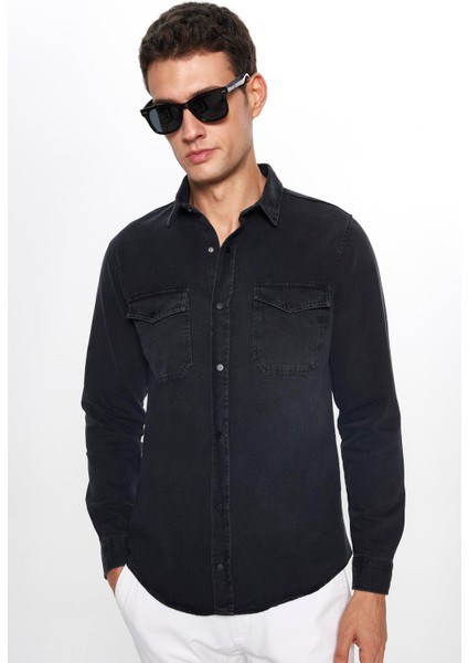 Erkek Slim Fit Dar Kesim Uzun Kollu denim Çift Cep Çıtçıtlı Siyah Gömlek