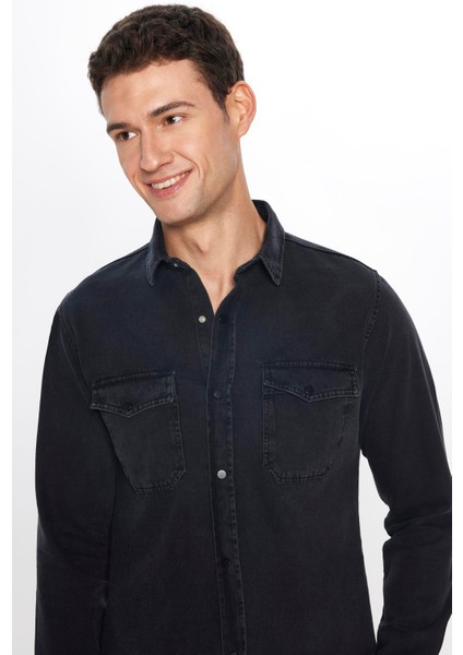 Erkek Slim Fit Dar Kesim Uzun Kollu denim Çift Cep Çıtçıtlı Siyah Gömlek modelleri