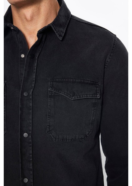 Erkek Slim Fit Dar Kesim Uzun Kollu denim Çift Cep Çıtçıtlı Siyah Gömlek fırsatları