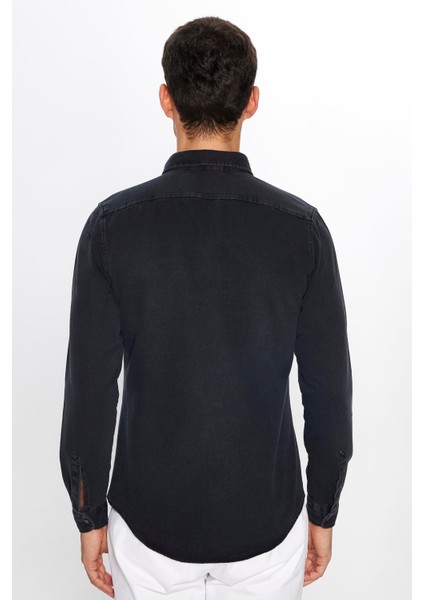 Erkek Slim Fit Dar Kesim Uzun Kollu denim Çift Cep Çıtçıtlı Siyah Gömlek indirimleri