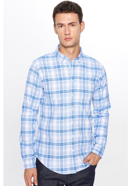 Erkek Slim Fit Dar Kesim Uzun Kollu Pamuklu Kolay Ütü Kareli Düğmeli Yaka Gömlek