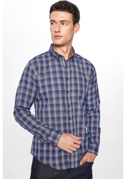 Erkek Slim Fit Dar Kesim Uzun Kollu Pamuklu Kolay Ütü Kareli Düğmeli Yaka Gömlek