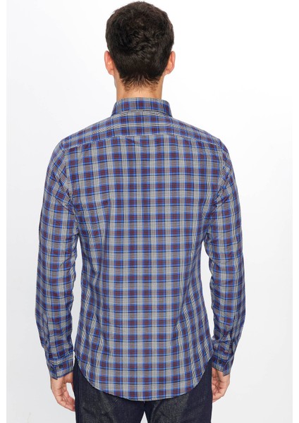 Erkek Slim Fit Dar Kesim Uzun Kollu Pamuklu Kolay Ütü Kareli Düğmeli Yaka Gömlek