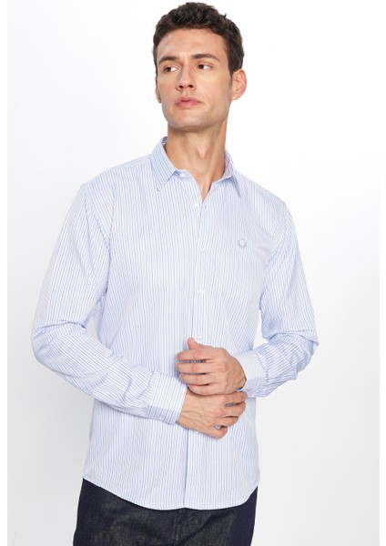 Erkek Modern Slim Fit Dar Kesim Uzun Kollu Pamuklu 4 Mevsim Çizgili Düğmeli Yaka Gömlek