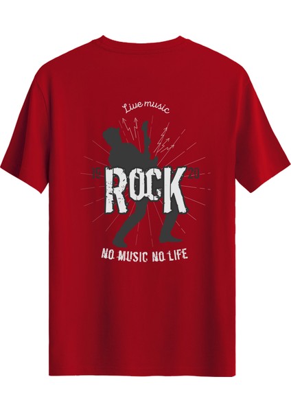 Gitar Baskılı Unisex Slim Fit Tişört Bisiklet Yaka T-Shirt Kırmızı
