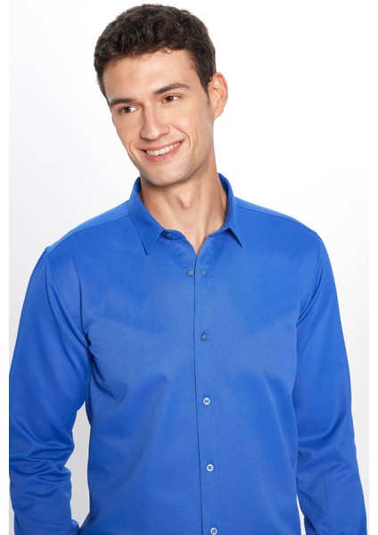 Erkek Modern Slim Fit Dar Kesim Uzun Kollu Pamuklu Kolay Ütü Armürlü Sax Mavi Gömlek
