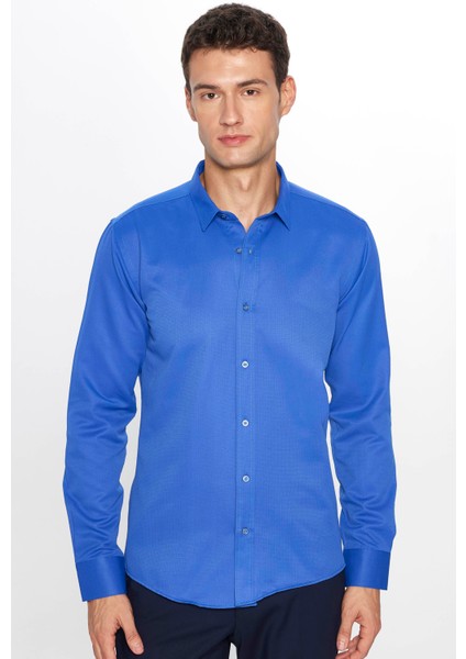 Erkek Modern Slim Fit Dar Kesim Uzun Kollu Pamuklu Kolay Ütü Armürlü Sax Mavi Gömlek