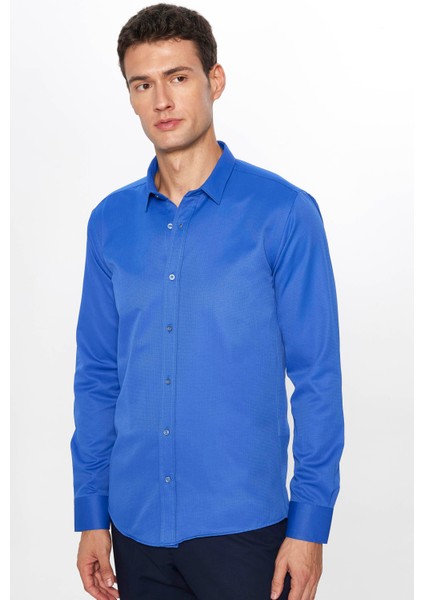 Erkek Modern Slim Fit Dar Kesim Uzun Kollu Pamuklu Kolay Ütü Armürlü Sax Mavi Gömlek
