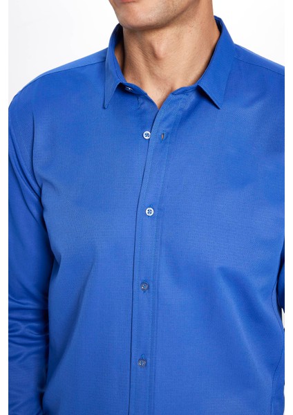 Erkek Modern Slim Fit Dar Kesim Uzun Kollu Pamuklu Kolay Ütü Armürlü Sax Mavi Gömlek