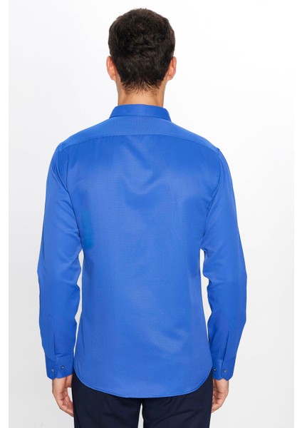 Erkek Modern Slim Fit Dar Kesim Uzun Kollu Pamuklu Kolay Ütü Armürlü Sax Mavi Gömlek
