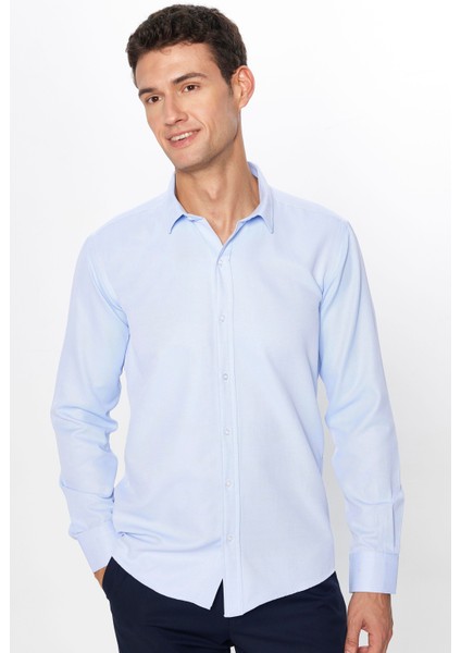 Erkek Modern Slim Fit Dar Kesim Uzun Kollu Pamuklu Kolay Ütü Armürlü Mavi Gömlek