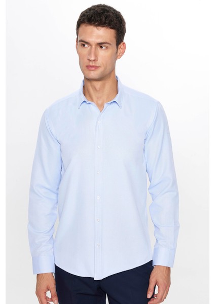 Erkek Modern Slim Fit Dar Kesim Uzun Kollu Pamuklu Kolay Ütü Armürlü Mavi Gömlek