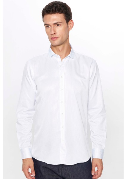 Erkek Modern Slim Fit Dar Kesim Uzun Kollu Pamuklu Çizgili 4 Mevsim Italyan Yaka Gömlek fiyatları