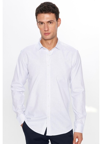 Erkek Modern Slim Fit Dar Kesim Uzun Kollu Pamuklu Çizgili 4 Mevsim Italyan Yaka Gömlek