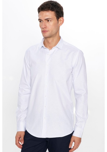 Erkek Modern Slim Fit Dar Kesim Uzun Kollu Pamuklu Çizgili 4 Mevsim Italyan Yaka Gömlek