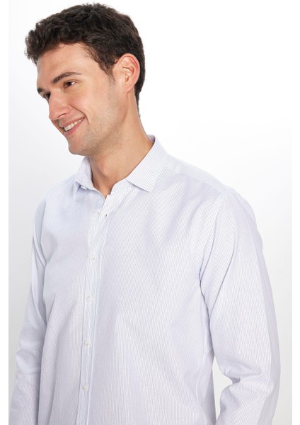 Erkek Modern Slim Fit Dar Kesim Uzun Kollu Pamuklu Çizgili 4 Mevsim Italyan Yaka Gömlek