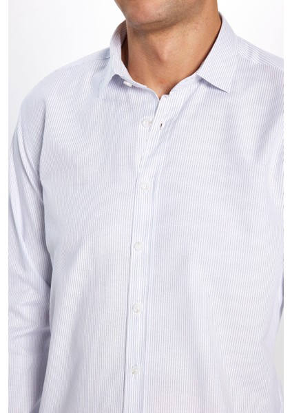 Erkek Modern Slim Fit Dar Kesim Uzun Kollu Pamuklu Çizgili 4 Mevsim Italyan Yaka Gömlek