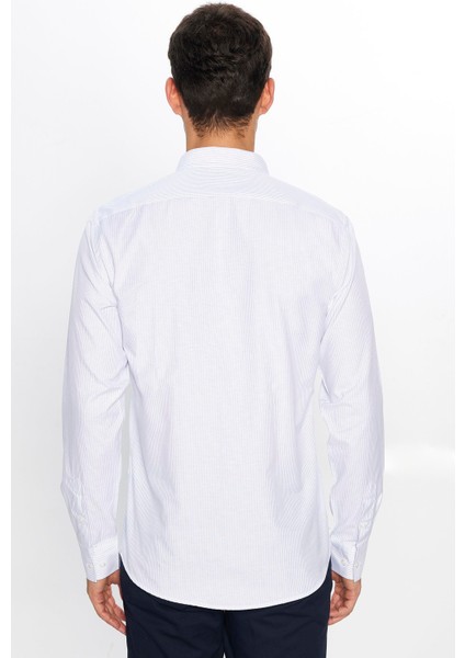 Erkek Modern Slim Fit Dar Kesim Uzun Kollu Pamuklu Çizgili 4 Mevsim Italyan Yaka Gömlek