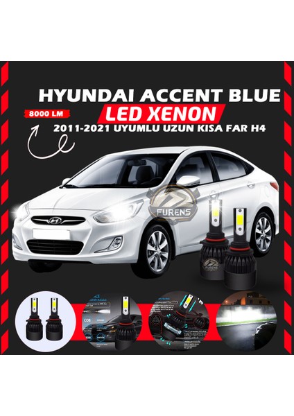 Hyundai Accent Blue 2011-2021 Uzun-Kısa Far Uyumlu Şimşek Etkili LED Xenon Light Series H4