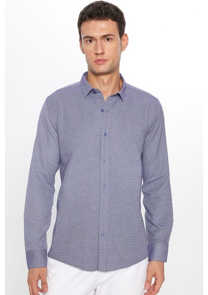 Erkek Modern Slim Fit Dar Kesim Uzun Kollu Pamuklu Kolay Ütü Armürlü Mavi Gömlek