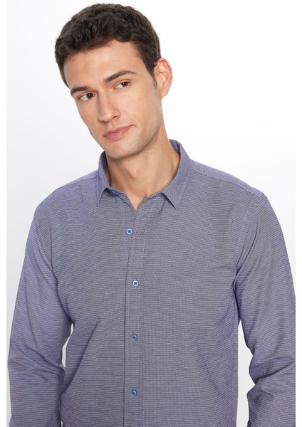 Erkek Modern Slim Fit Dar Kesim Uzun Kollu Pamuklu Kolay Ütü Armürlü Mavi Gömlek modelleri