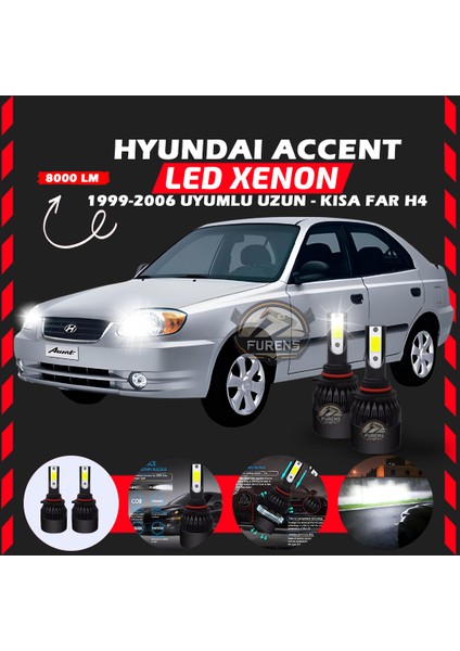 Hyundai Accent Admira 1999-2006 Uzun-Kısa Far Uyumlu Şimşek Etkili LED Xenon Light Series H4