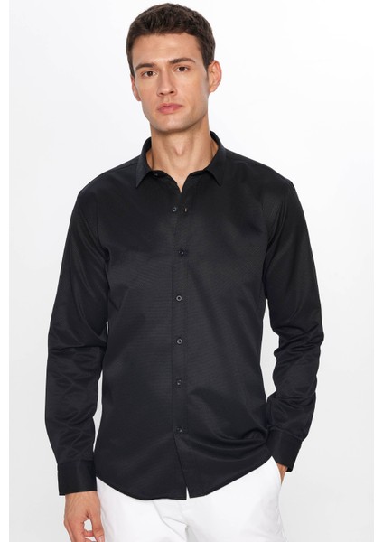 Erkek Modern Slim Fit Dar Kesim Uzun Kollu Pamuklu Kolay Ütü Armürlü Siyah Gömlek