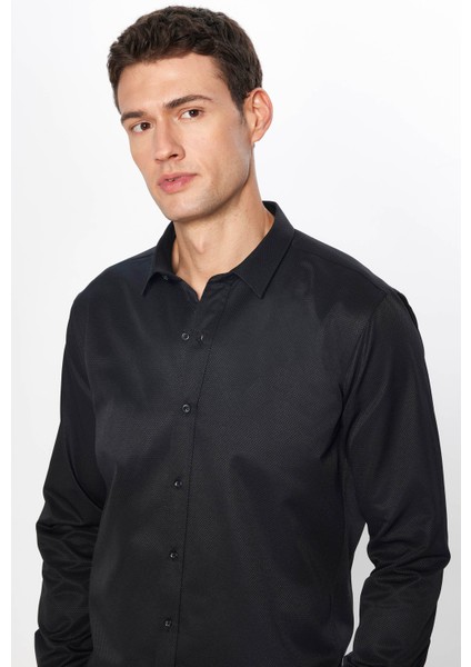 Erkek Modern Slim Fit Dar Kesim Uzun Kollu Pamuklu Kolay Ütü Armürlü Siyah Gömlek