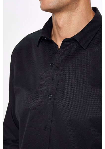 Erkek Modern Slim Fit Dar Kesim Uzun Kollu Pamuklu Kolay Ütü Armürlü Siyah Gömlek
