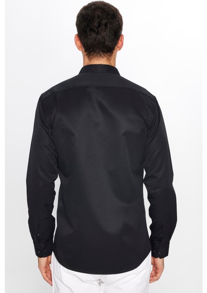 Erkek Modern Slim Fit Dar Kesim Uzun Kollu Pamuklu Kolay Ütü Armürlü Siyah Gömlek