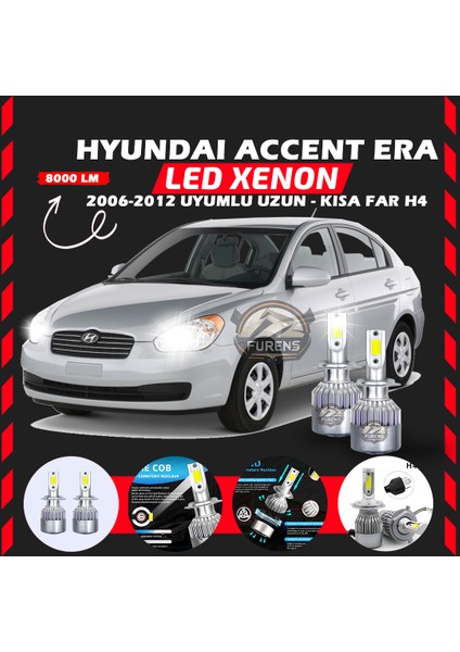 Hyundai Accent Era 2006-2012 Uzun-Kısa Far Uyumlu Şimşek Etkili LED Xenon Performance Series H4