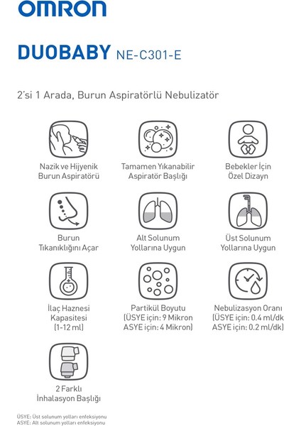 OMRON DuoBaby, Burun Aspiratörlü Alt ve Üst Solunum Yoluna Uygun Nebulizatör