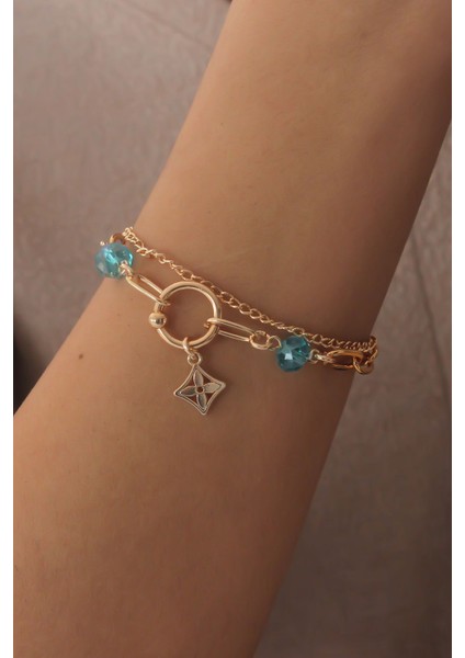 Gold Renk Yonca Figür Mavi Kristal Boncuk Detay Kadın Bileklik