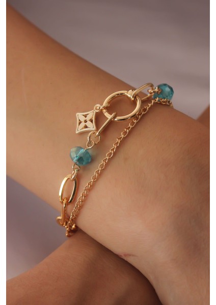 Gold Renk Yonca Figür Mavi Kristal Boncuk Detay Kadın Bileklik fiyatları