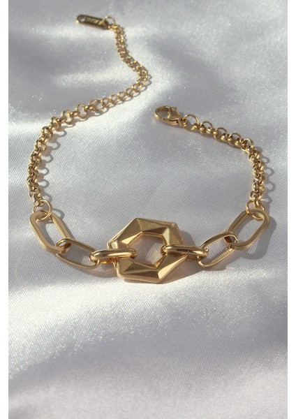 316L Çelik Gold Renk Geometrik Model Zincir Bileklik
