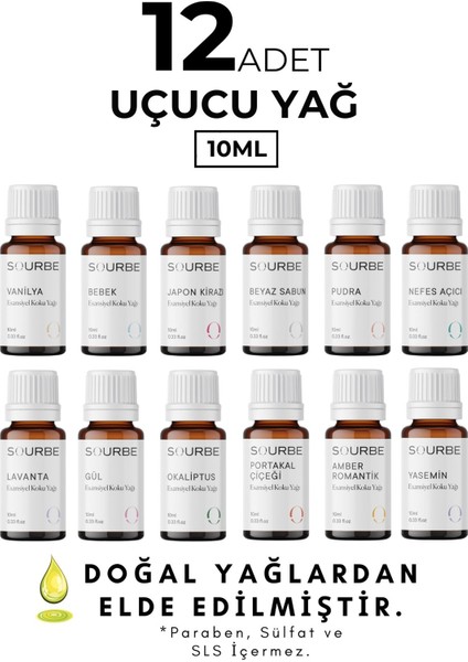 Esansiyel Uçucu Koku Yağı Buhurdanlık Yağı Ortam Oda Kokusu Difüzör Esansı Hobi Esansı 12X10 ml